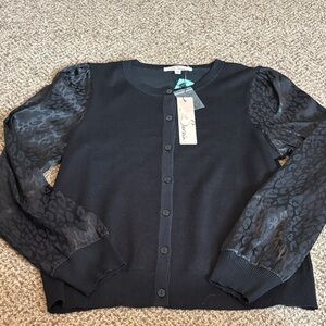 NWT Black Button-Front Sweater with Silky Leopard Sleeves Small